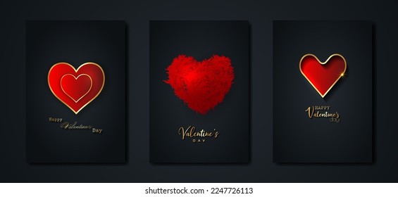 Happy Valentines day vector set greeting card. Gold red hearts on black background. Golden holiday poster with text, jewels. Concept for Valentines banner, flyer, party invitation, jewelry gift shop