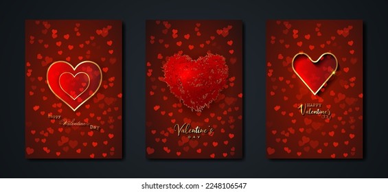 Happy Valentines day vector set greeting card. Gold hearts on red background. Golden holiday poster with text, jewels. Concept for Valentines banner, flyer, party invitation, jewelry gift shop