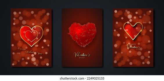 Happy Valentines day vector set greeting card. Gold hearts on red background. Golden holiday poster with text, jewels. Concept for Valentines banner, flyer, party invitation, jewelry gift shop