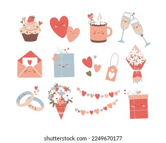 Happy Valentine`s Day vector set. Gifts, bouquets, hearts, wedding rings, cake, champagne glasses with smiling faces. Perfect for Valentine's day stickers, invitations, and cards.
