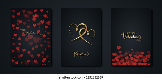 Happy Valentines day vector set greeting card. Gold red hearts on black background. Golden holiday poster with text, jewels. Concept for Valentines banner, flyer, party invitation, jewelry gift shop