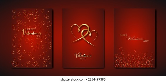 Happy Valentines day vector set greeting card. Gold hearts on red background. Golden holiday poster with text, jewels. Concept for Valentines banner, flyer, party invitation, jewelry gift shop