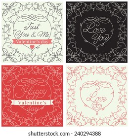 Happy valentines day! Vector set of borders with floral pattern and  text  at retro style 