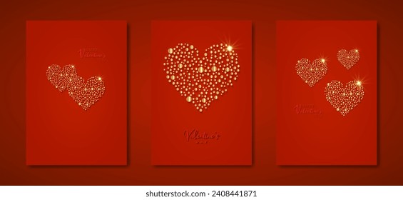 Happy Valentines day vector set greeting card. Gold glitter dots hearts on red background. Holiday poster with text, jewels. Concept for Valentines banner, flyer, party invitation, jewelry gift shop