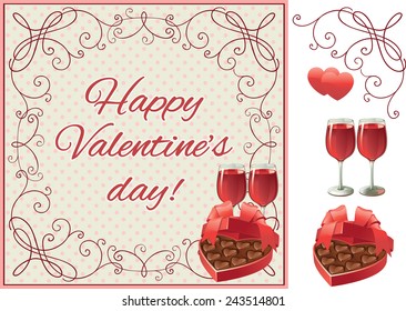 Happy  valentine's day. Vector set of two wineglasses with Red wine  and heart shaped box of chocolates candy on ornate border