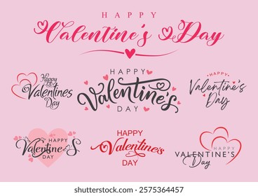 happy Valentine's day vector set. Love day quotes and lettering with hearts and cupids white background. Vector illustration.