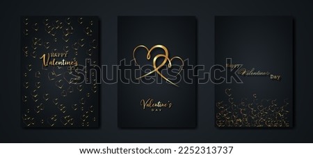 Happy Valentines day vector set greeting card. Gold hearts on black background. Golden holiday poster with text, jewels. Concept for Valentines banner, flyer, party invitation, jewelry gift shop