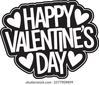 Happy Valentine's Day vector sticker with hearts, Happy Valentine's Day black and white sign isolated with no background