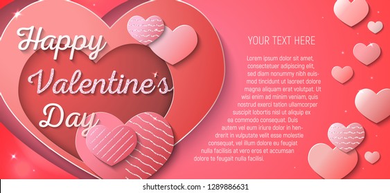 Happy Valentine's Day. Vector template for greeting card, invitation, banner or flyer. Paper cut style. Red and pink hearts with pink glitter. Red background