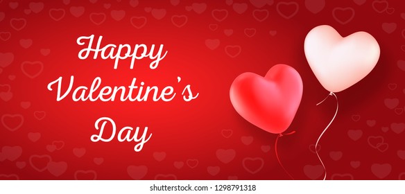 Happy Valentine's Day. Vector template for greeting card, invitation, banner or flyer. Two heart-shaped balloons, red and white on red background with heart pattern.