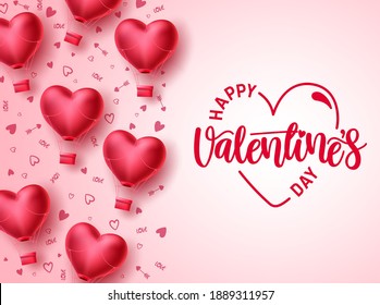 Happy valentines day vector template design. Valentines day greeting text typography in white space with heart air balloon elements in pattern background. Vector Illustration.
