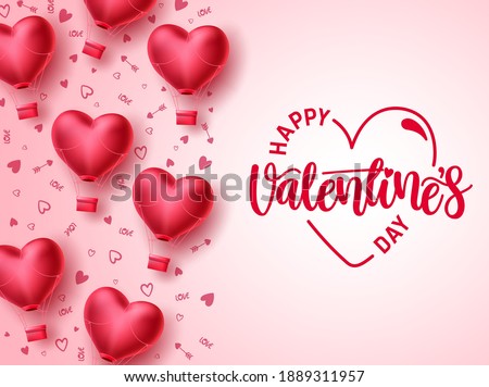Happy valentines day vector template design. Valentines day greeting text typography in white space with heart air balloon elements in pattern background. Vector Illustration.
