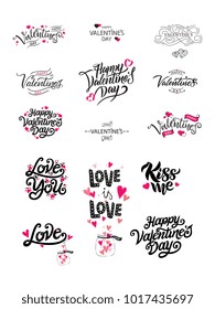 Happy Valentine's Day vector text. Hand lettering text isolated on white background. Big Set of vector inscriptions.  Valentine's Day typography vector design for greeting cards and poster, banner.