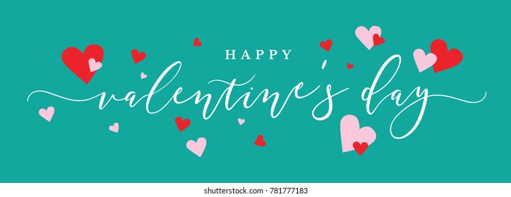 Happy Valentine's Day Vector Text Calligraphy with Pink and Red Hearts Over Green Background
