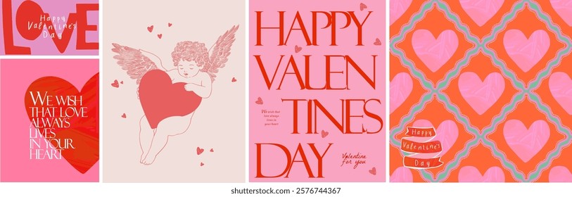 Happy Valentine's Day. Vector trendy cute illustrations of cupid, cupid, heart, love, text, congratulation, modern seamless pattern for greeting card, flyer, poster or background