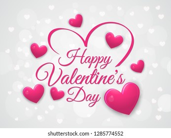 Happy Valentines Day Vector Typography Illustration with Pink Hearts and Nice Bokeh Background.