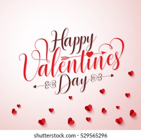 Happy valentines day vector typography or calligraphy with paper cut red hearts elements in white background. Vector illustration.
