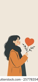 Happy Valentine's Day. Vector vectorial greeting card in gentle pastel colors with space for text. One cute girl holds a heart on a branch in her hands. For love sites, dating apps, posters, banner