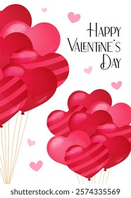Happy Valentines Day vector vertical card. Tied festive helium red heart shaped balloons bunches. February 14 cute hearts romantic illustration. Valentine greeting card design. 