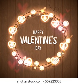 Happy Valentine's Day Vector Wood Card. Pink Bokeh Background. Glowing Lights Wreath for Love Holiday Greeting Card Design. Wooden Hand Drawn Background