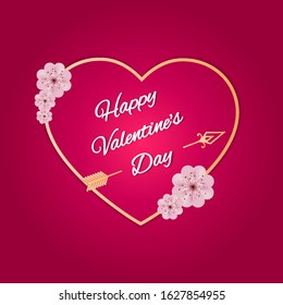 Happy Valentine's Day vertical banner, poster, greeting card with heart and arrow, sakura flowers and text on isolated background