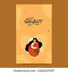Happy Valentine's Day Vertical Banner With Young Girl Character Hugging A Heart On Orange Background. 