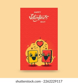 Happy Valentine's Day Vertical Banner With Funny Smartphone Couple Cheering On Yellow And Red Background.