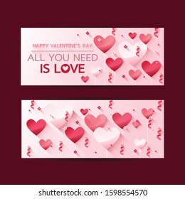 Happy Valentine's Day vertical banners set with hearts. Vector illustration. Holiday brochure design, greeting cards, love creative concept, gift voucher, invitation.