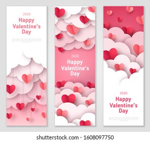 Happy Valentine's Day vertical banners set with paper cut clouds and hearts. Vector illustration. Holiday bright greeting cards, love creative concept, gift voucher, invitation. Place for text.