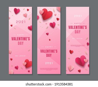 Happy Valentine's Day vertical banners set. Design concept of greeting banners, flyers, or cards with paper hearts and golden confetti on pink background. - Vector illustration