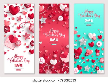 Happy Valentine's Day vertical banners set. Vector illustration. Holiday brochure design for corporate greeting cards, love creative concept, gift voucher, invitation. Place for your text.