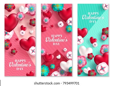 Happy Valentine's Day vertical banners set. Vector illustration. Holiday brochure design for corporate greeting cards, love creative concept, gift voucher, invitation. Place for your text.