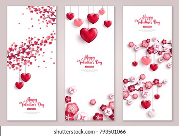Happy Valentine's Day vertical banners set with tree and hearts. Vector illustration. Holiday brochure design, greeting cards, love creative concept, gift voucher, invitation.