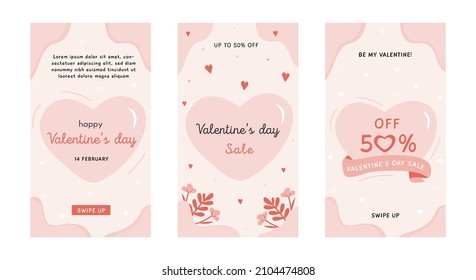 Happy Valentine's Day vertical cards. Trendy abstract art templates, banners, posters, cover design templates, social media stories wallpapers. Vector set of Valentines day sale abstract backgrounds.