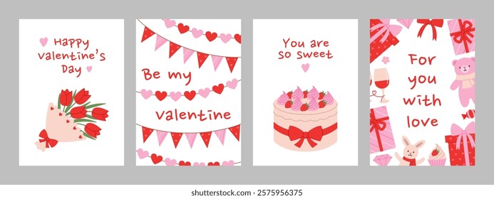 Happy Valentines Day vertical greeting cards set with bouquet of flowers, garlands, cake, gift boxes and soft toys. Romantic collection. Cute holiday banner, invitation templates. Vector illustration