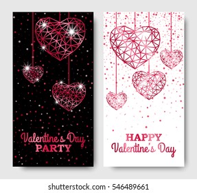 Happy Valentines Day vertical Leaflets with Lattice Magenta Hanging Hearts. Vector illustration. Glowing Invitation Template. 