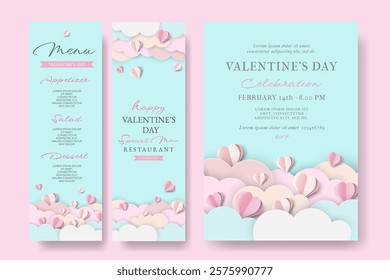 Happy Valentine's Day Vertical Menu and Invitation Card with Paper Cut Hearts and Cloud. Holiday bright greeting cards, love creative concept, gift voucher, invitation. Modern Poster with Trendy Fonts