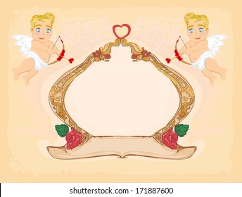 happy valentines day vintage card with cupids and vintage frame 