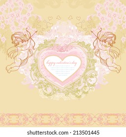 happy valentines day vintage card with cupids and vintage frame 