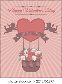 Happy valentines day vintage greeting card with decorations, hearts, angels, flowers, air balloon on pink background