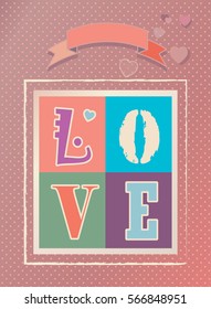 Happy Valentine's Day vintage greeting card. Vector template. Romantic Love word logo, poster with hearts, festive background. Love, banner, e-card. Advertising, design, Calligraphy, retro poster. 