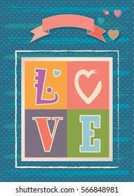 Happy Valentine's Day vintage greeting card. Vector template. Romantic Love word logo, poster with hearts, festive background. Love, banner, e-card. Advertising, design, Calligraphy, retro poster. 