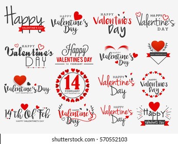 Happy Valentines Day Vintage Hand Drawn Lettering Design Set With Ornaments, Ribbon and Hearts.