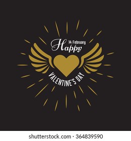 Happy Valentines Day vintage label, golden and black typography design element for holiday cards, valentines card header, heart with wings on black background