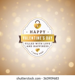Happy Valentines Day Vintage Retro Golden Badge. Valentines Day Greeting Card or Poster. Vector Illustration. Design Template with Light Background and Bokeh