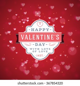Happy Valentines Day Vintage Retro Badge. Valentines Day Greeting Card or Poster. Vector Illustration. Design Template with Red Background and Hearts