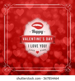 Happy Valentines Day Vintage Retro Badge. Valentines Day Greeting Card or Poster. Vector Illustration. Design Template with Red Background and Hearts