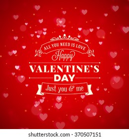 Happy Valentines Day Vintage Retro Badge. Valentines Day Greeting Card or Poster. Vector Illustration. Design Template on Red Background with  Hearts and Bokeh