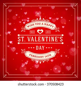 Happy Valentines Day Vintage Retro Badge. Valentines Day Greeting Card or Poster. Vector Illustration. Design Template on Red Background with  Hearts and Bokeh