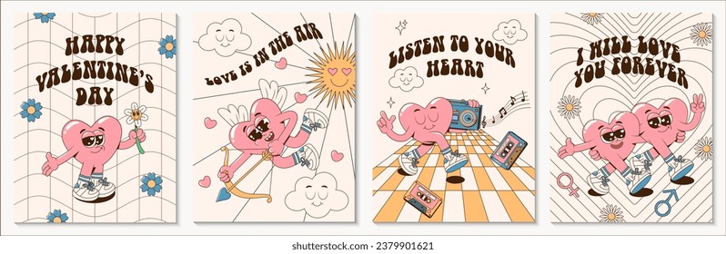 Happy Valentine's Day vintage templates of greeting cards or posters in retro groovy style. Cartoon romantic 60s, 70s vector illustrations with lovely hearts characters and abstract forms.